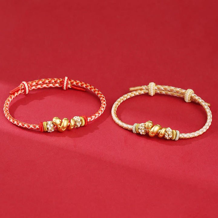 Braccialetto intrecciato con corda rossa sfumata in argento sterling 999 Buddha Stones, anno del serpente, fortuna