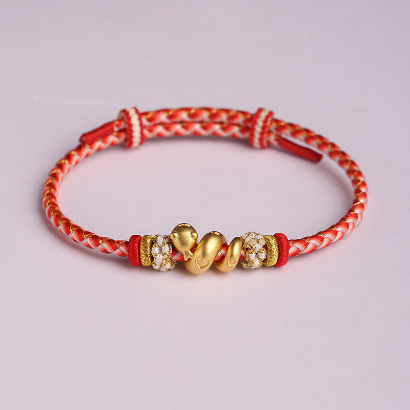 Braccialetto intrecciato con corda rossa sfumata in argento sterling 999 Buddha Stones, anno del serpente, fortuna