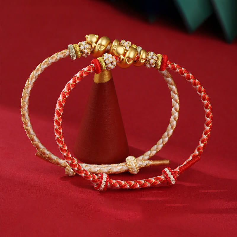 Braccialetto intrecciato con corda rossa sfumata in argento sterling 999 Buddha Stones, anno del serpente, fortuna