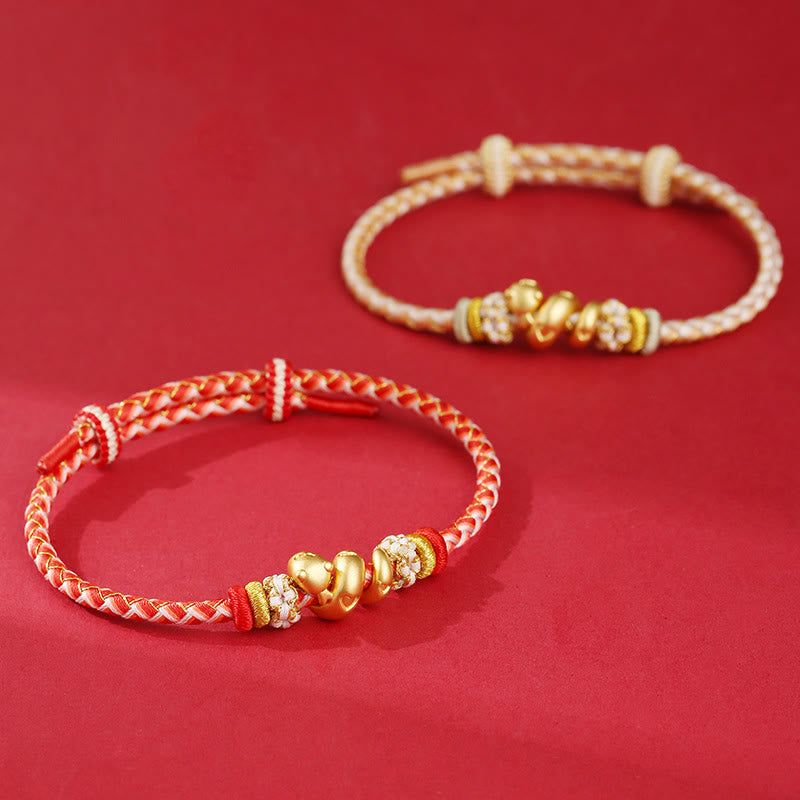 Braccialetto intrecciato con corda rossa sfumata in argento sterling 999 Buddha Stones, anno del serpente, fortuna