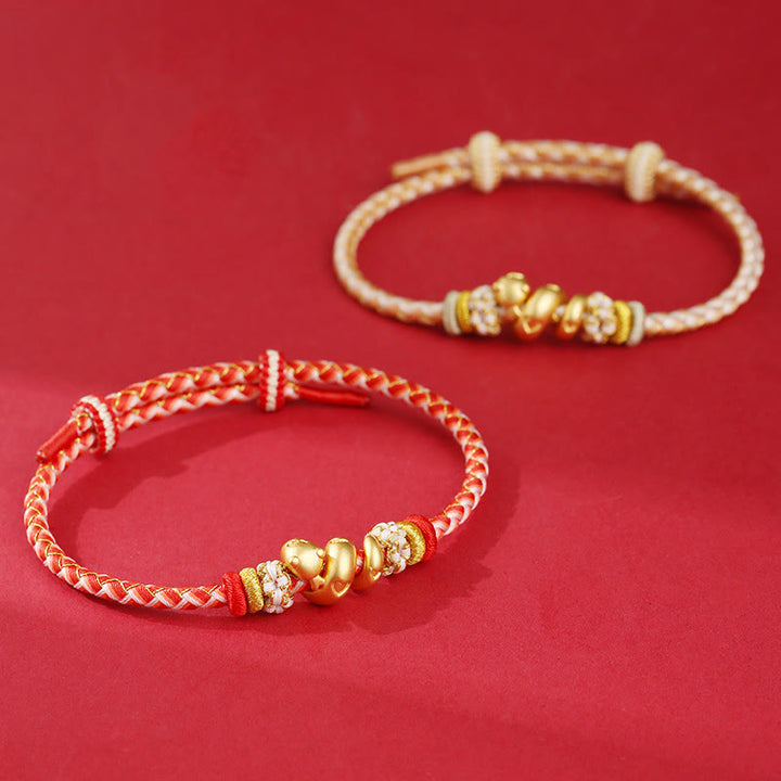 Braccialetto intrecciato con corda rossa sfumata in argento sterling 999 Buddha Stones, anno del serpente, fortuna