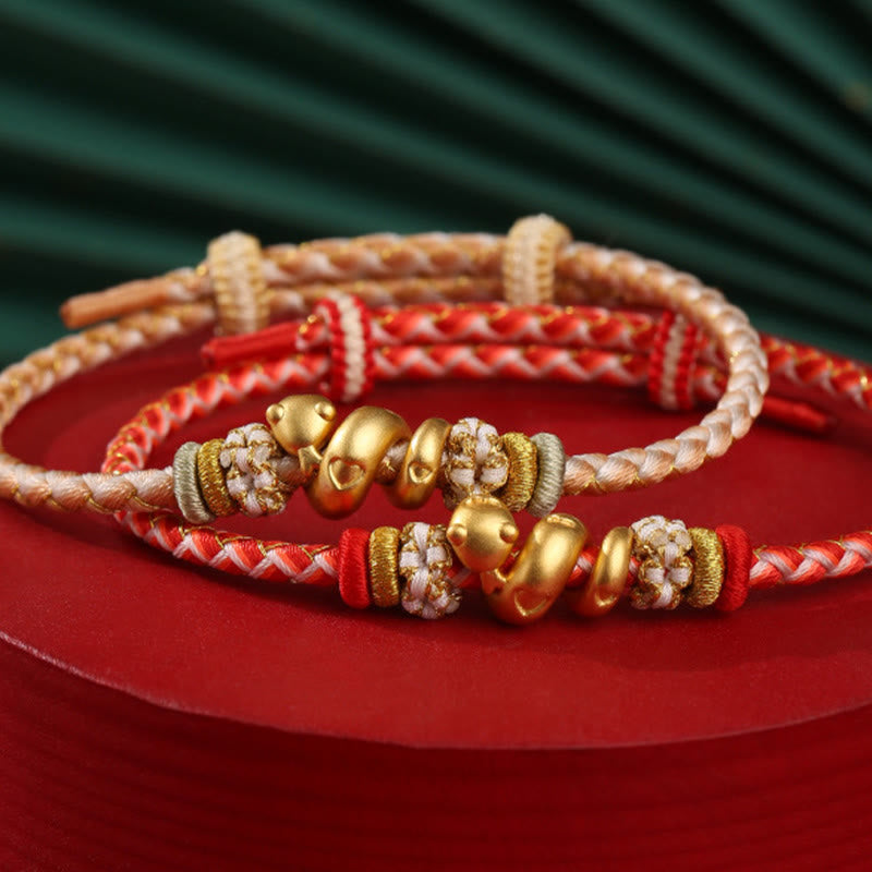 Braccialetto intrecciato con corda rossa sfumata in argento sterling 999 Buddha Stones, anno del serpente, fortuna