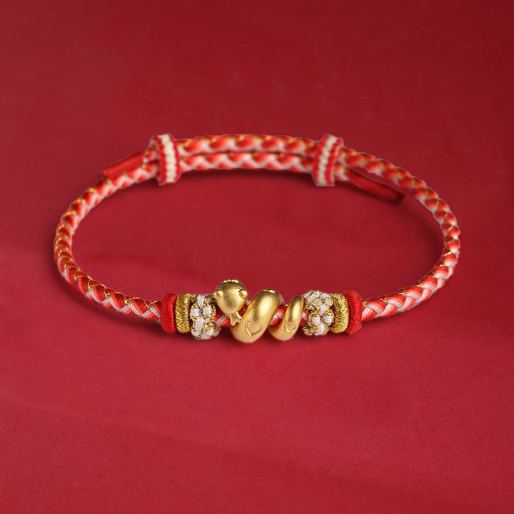 Braccialetto intrecciato con corda rossa sfumata in argento sterling 999 Buddha Stones, anno del serpente, fortuna