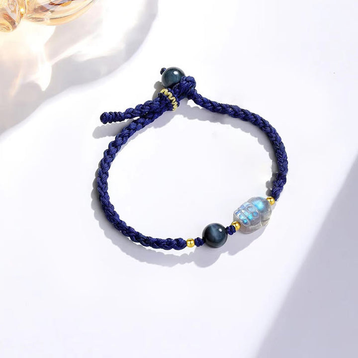 Buddha Stones Moonstone PiXiu Blue Tiger Eye Fu Character Braccialetto di corda di coppia curativo