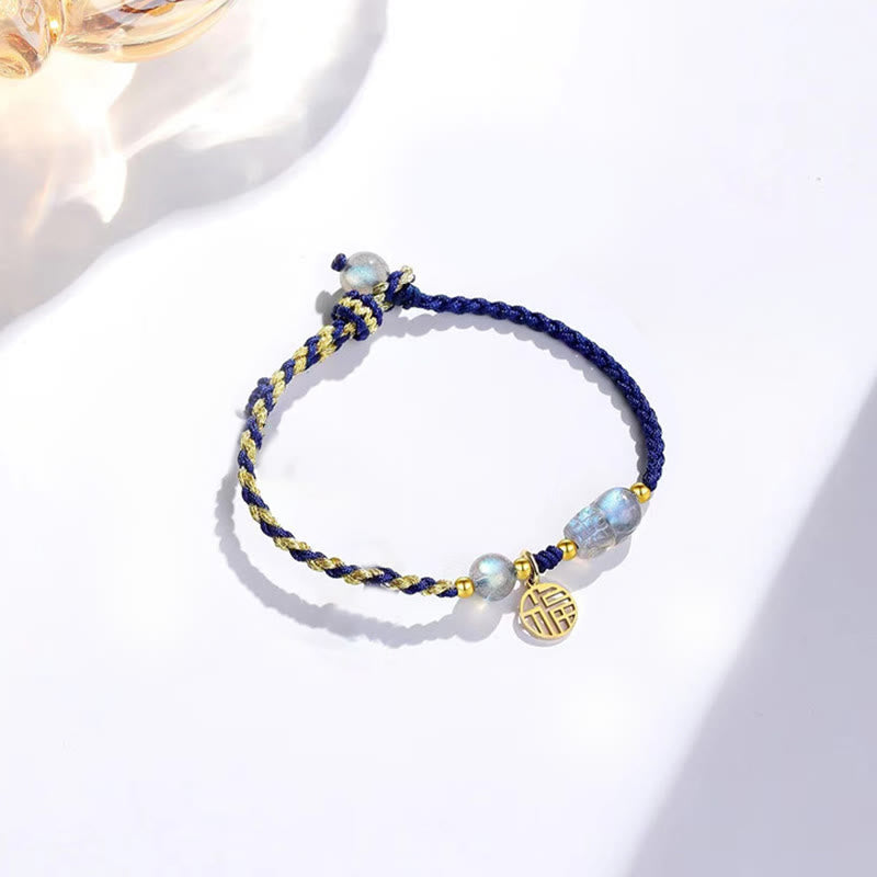 Buddha Stones Moonstone PiXiu Blue Tiger Eye Fu Character Braccialetto di corda di coppia curativo
