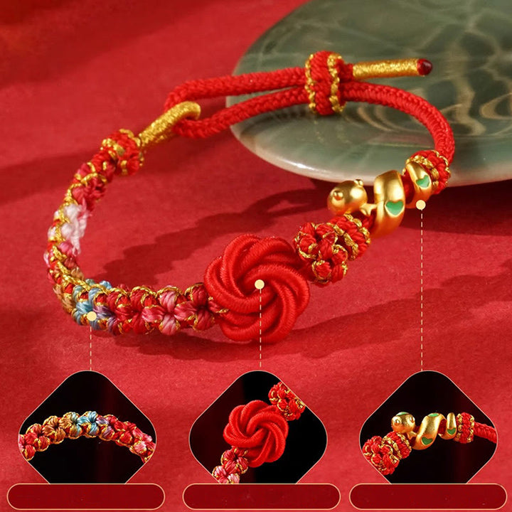 Buddha Stones Braccialetto intrecciato con nodo mandala rosso con fiori colorati intrecciati a mano Anno del serpente