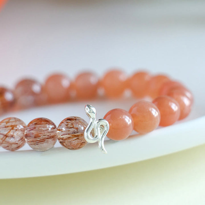 Buddha Stones Pietra del sole naturale Super Seven Crystal Silver Sheen Ossidiana Quarzo rutilato Argento sterling 925 Braccialetto positivo dell'anno del serpente