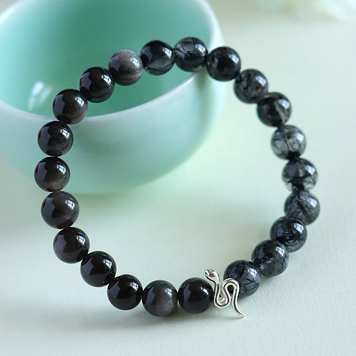 Buddha Stones Pietra del sole naturale Super Seven Crystal Silver Sheen Ossidiana Quarzo rutilato Argento sterling 925 Braccialetto positivo dell'anno del serpente