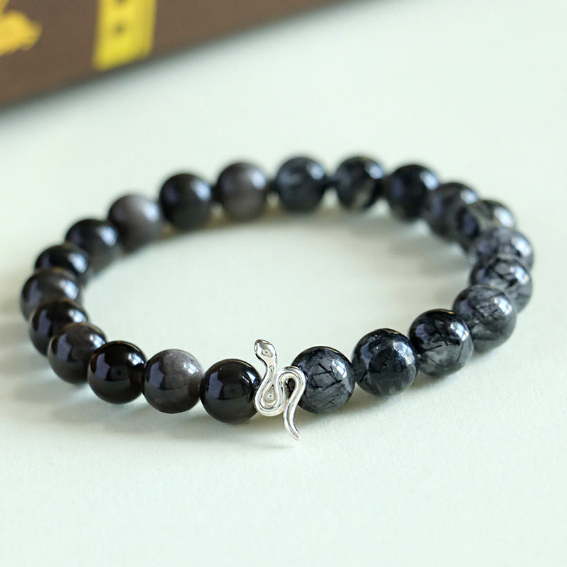 Buddha Stones Pietra del sole naturale Super Seven Crystal Silver Sheen Ossidiana Quarzo rutilato Argento sterling 925 Braccialetto positivo dell'anno del serpente