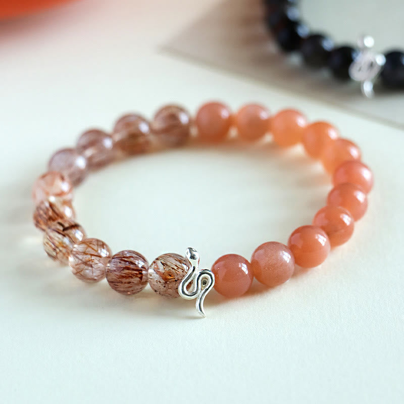 Buddha Stones Pietra del sole naturale Super Seven Crystal Silver Sheen Ossidiana Quarzo rutilato Argento sterling 925 Braccialetto positivo dell'anno del serpente