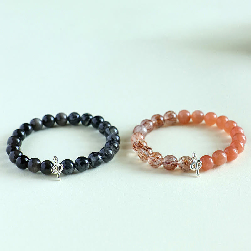 Buddha Stones Pietra del sole naturale Super Seven Crystal Silver Sheen Ossidiana Quarzo rutilato Argento sterling 925 Braccialetto positivo dell'anno del serpente