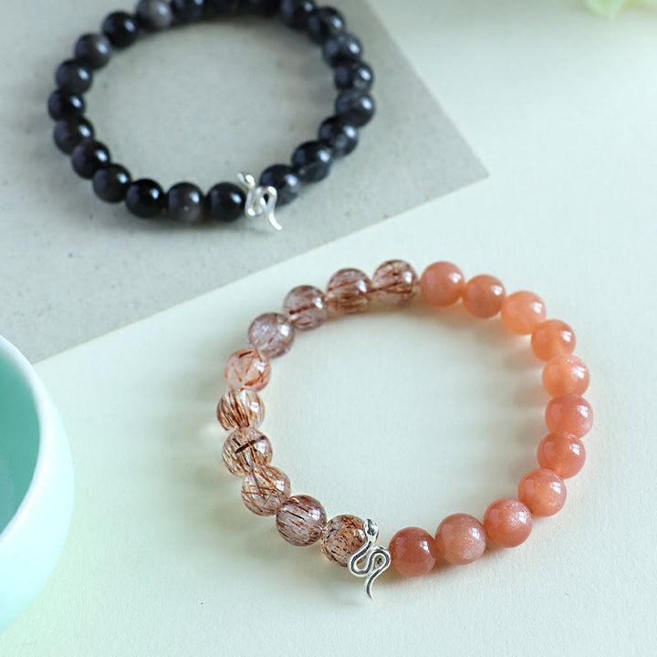 Buddha Stones Pietra del sole naturale Super Seven Crystal Silver Sheen Ossidiana Quarzo rutilato Argento sterling 925 Braccialetto positivo dell'anno del serpente