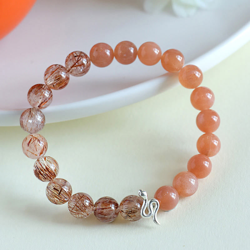 Buddha Stones Pietra del sole naturale Super Seven Crystal Silver Sheen Ossidiana Quarzo rutilato Argento sterling 925 Braccialetto positivo dell'anno del serpente