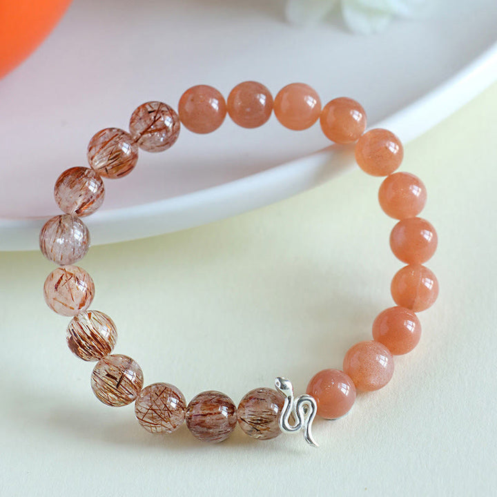 Buddha Stones Pietra del sole naturale Super Seven Crystal Silver Sheen Ossidiana Quarzo rutilato Argento sterling 925 Braccialetto positivo dell'anno del serpente