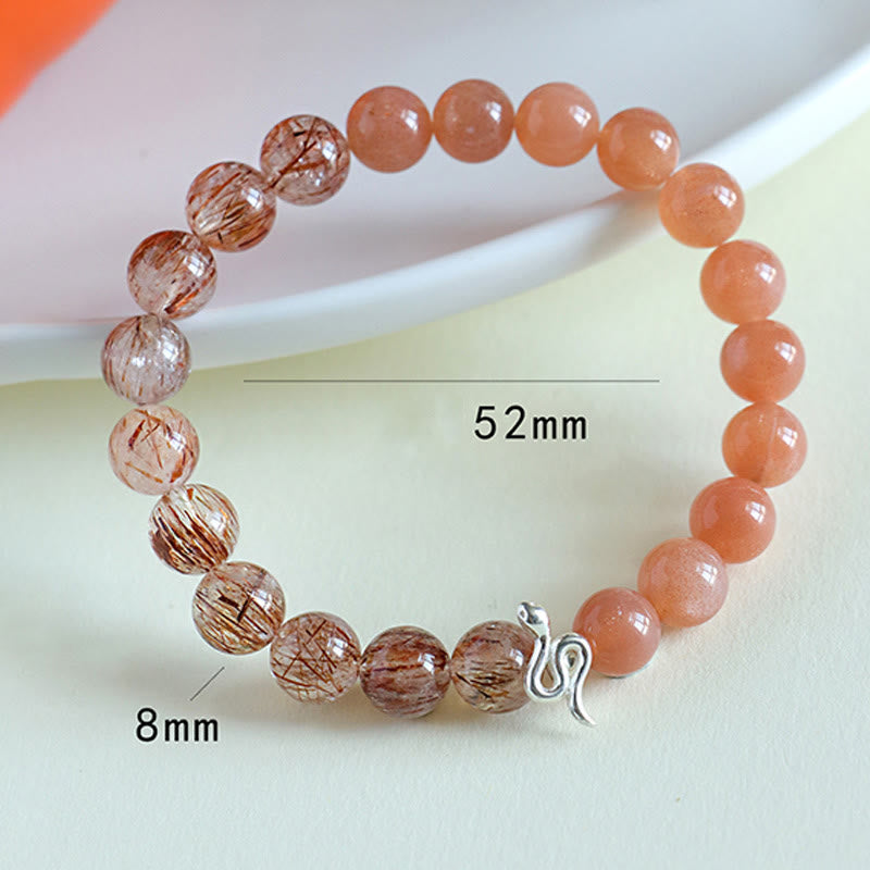 Buddha Stones Pietra del sole naturale Super Seven Crystal Silver Sheen Ossidiana Quarzo rutilato Argento sterling 925 Braccialetto positivo dell'anno del serpente