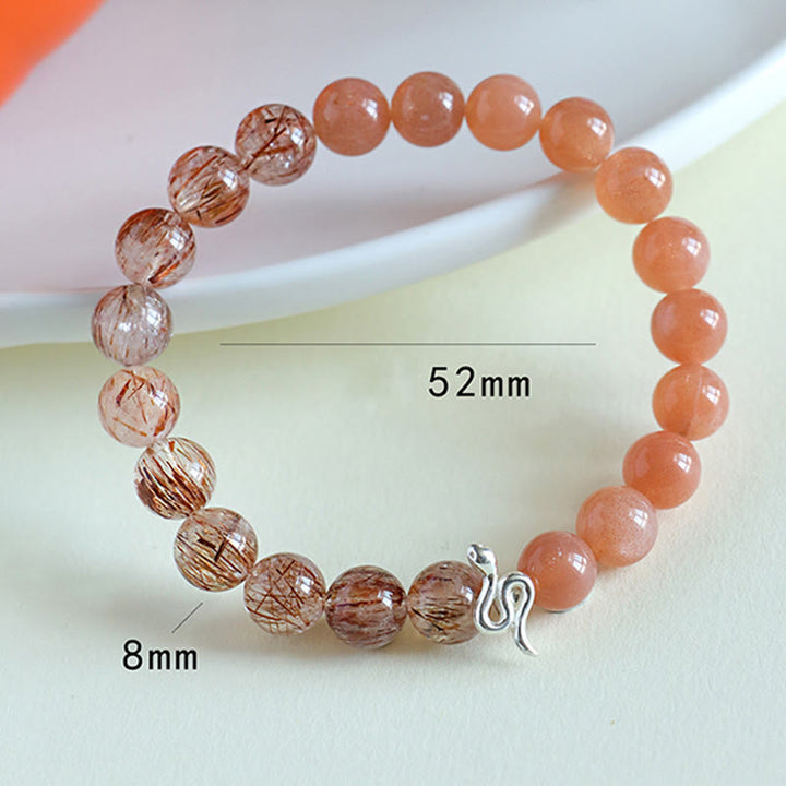 Buddha Stones Pietra del sole naturale Super Seven Crystal Silver Sheen Ossidiana Quarzo rutilato Argento sterling 925 Braccialetto positivo dell'anno del serpente