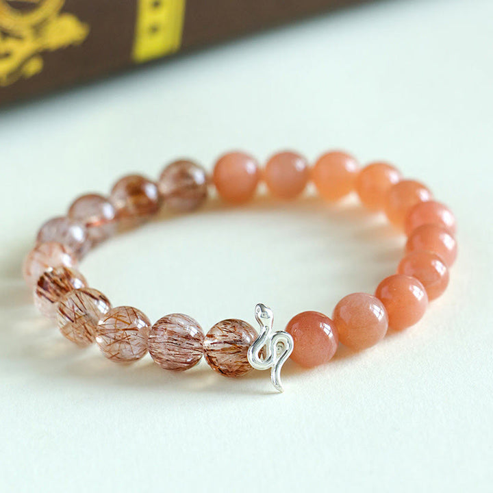 Buddha Stones Pietra del sole naturale Super Seven Crystal Silver Sheen Ossidiana Quarzo rutilato Argento sterling 925 Braccialetto positivo dell'anno del serpente