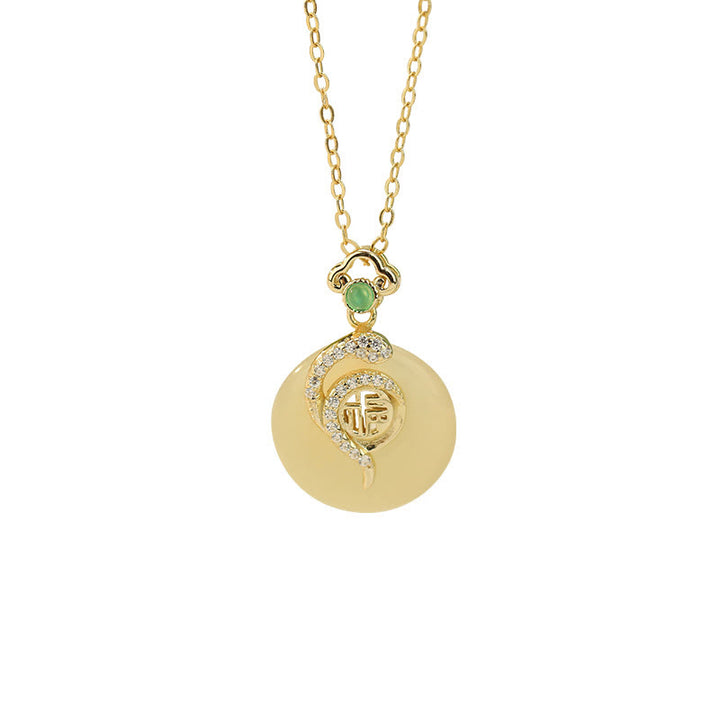 Buddha Stones 925 Sterling Silver Fu Carattere Hetian Giada Fibbia della Pace Anno del Serpente Collana Pendente Fortuna