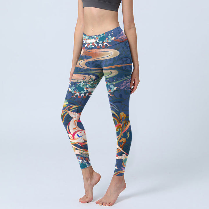 Buddha Stones Cervo Nuvole di buon auspicio Loto Leggings da palestra Pantaloni da yoga da donna - Blu scuro - US18, UK/AU22, EU50 (4XL) - image 1