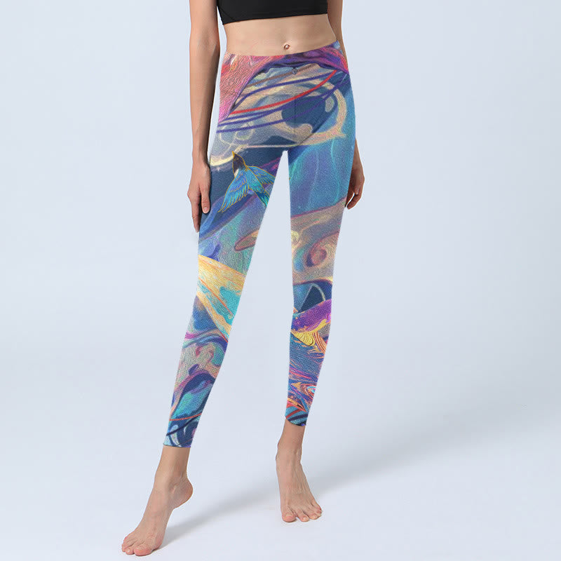Leggings da palestra con stampa Buddha Stones Whales Swallows Waves Pantaloni da yoga da donna - image 5