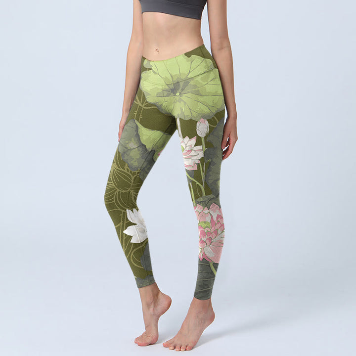 Leggings da palestra con stampa di loto Buddha Stones , pantaloni da yoga da donna - Verde oliva - US18, UK/AU22, EU50 (4XL) - image 0