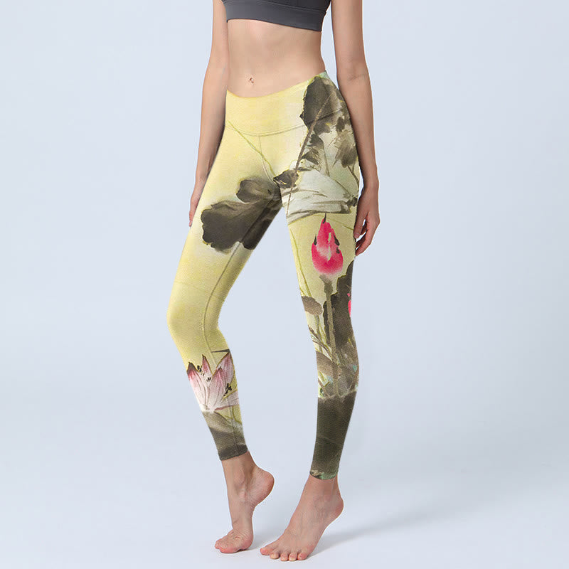 Leggings da palestra con stampa di loto in fiore e non sbocciato, pantaloni da yoga da donna , Buddha Stones - Giallo - US18, UK/AU22, EU50 (4XL) - image 1