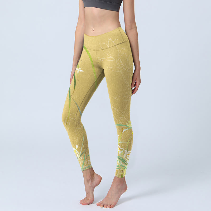 Leggings da palestra con stampa Buddha Stones , fiori di orchidea gialli e foglie piangenti, pantaloni da yoga da donna - Cachi - US18, UK/AU22, EU50 (4XL) - image 1