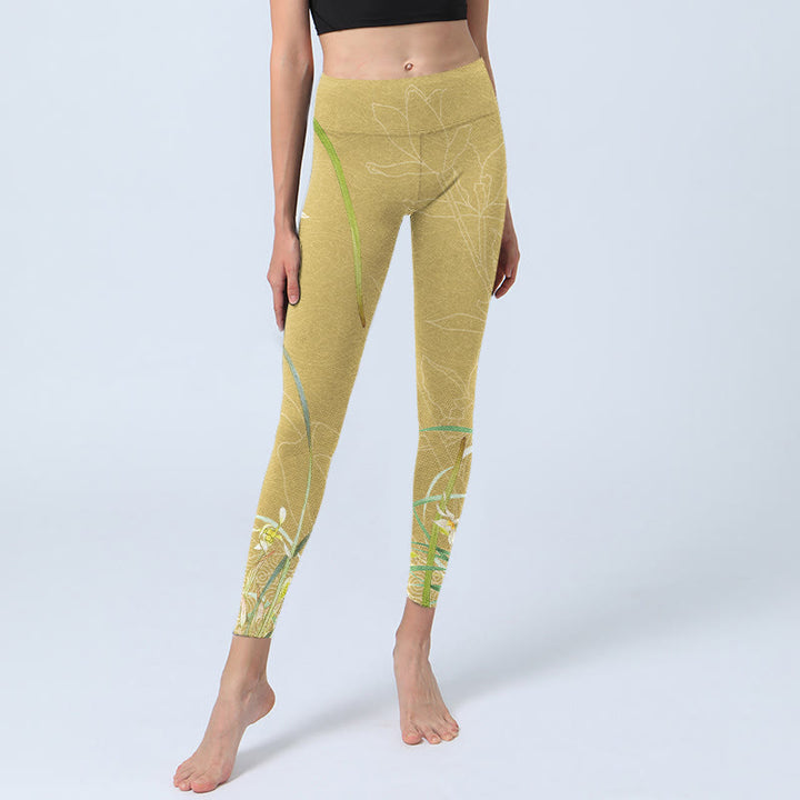 Leggings da palestra con stampa Buddha Stones , fiori di orchidea gialli e foglie piangenti, pantaloni da yoga da donna - image 6