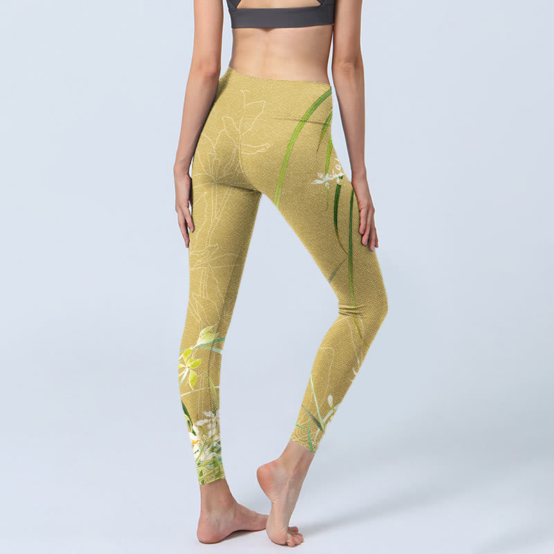 Leggings da palestra con stampa Buddha Stones , fiori di orchidea gialli e foglie piangenti, pantaloni da yoga da donna - image 5