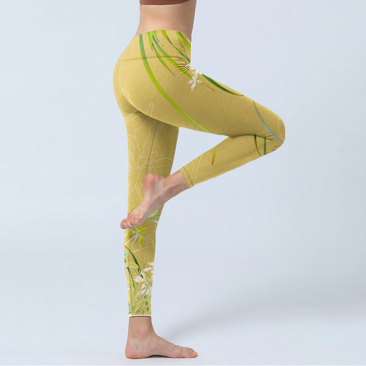 Leggings da palestra con stampa Buddha Stones , fiori di orchidea gialli e foglie piangenti, pantaloni da yoga da donna - image 4