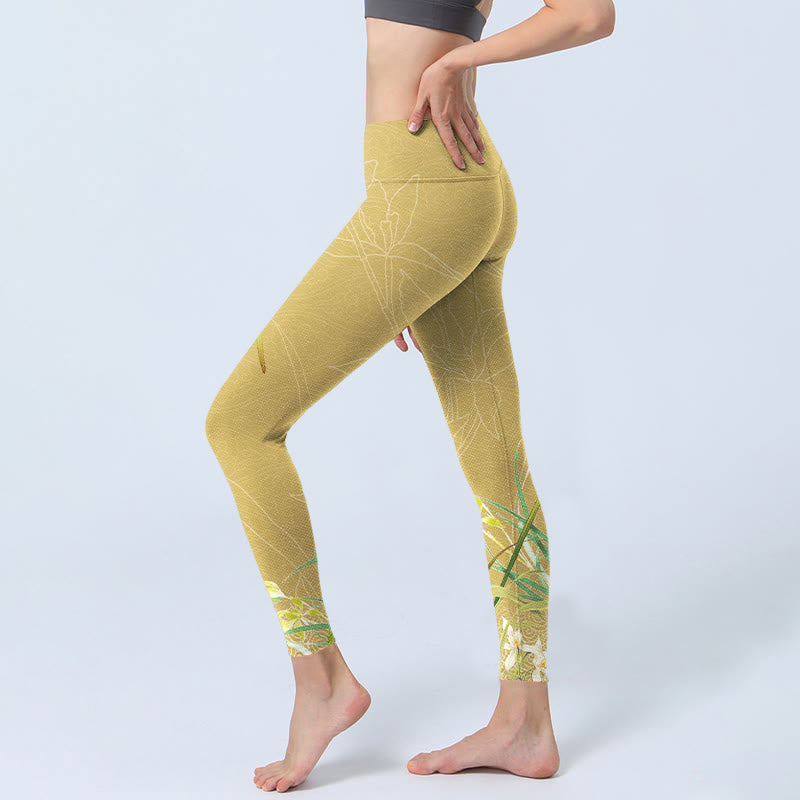 Leggings da palestra con stampa Buddha Stones , fiori di orchidea gialli e foglie piangenti, pantaloni da yoga da donna - image 3