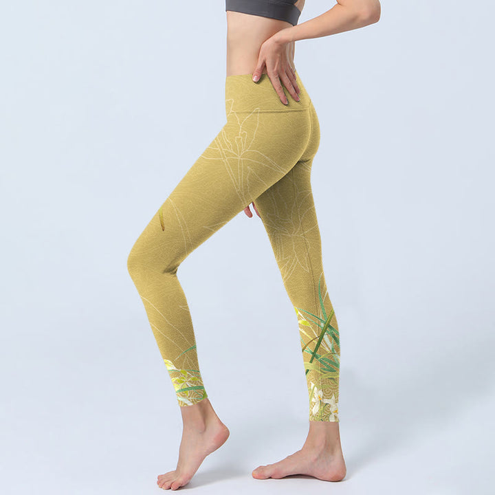 Leggings da palestra con stampa Buddha Stones , fiori di orchidea gialli e foglie piangenti, pantaloni da yoga da donna - image 3