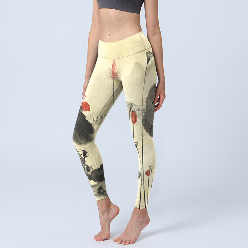 Leggings da palestra con stampa Buddha Stones Lotus Mountains House Pantaloni da yoga da donna - Verga d'oro chiaraGiallo - US18, UK/AU22, EU50 (4XL) - image 1