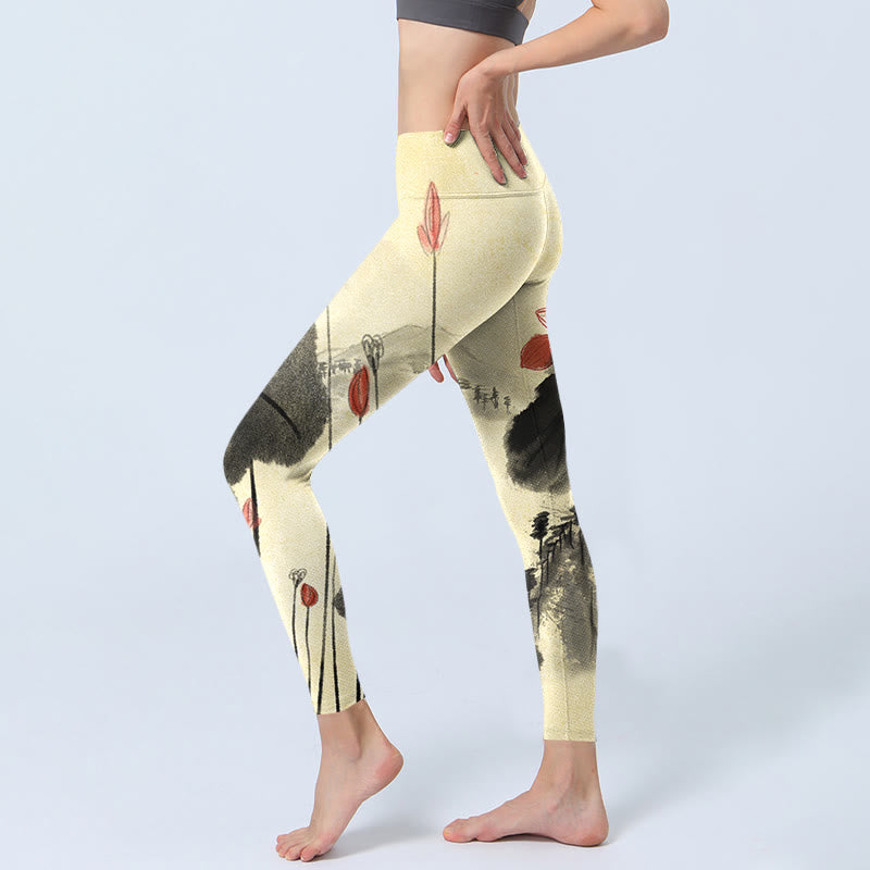 Leggings da palestra con stampa Buddha Stones Lotus Mountains House Pantaloni da yoga da donna - image 3