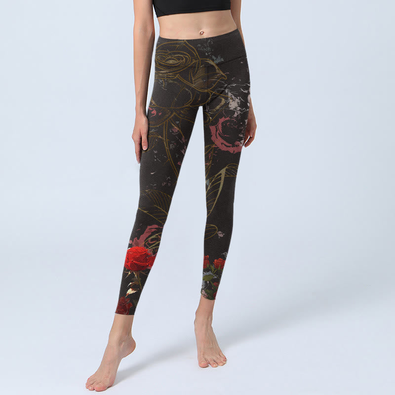 Leggings da palestra con stampa di rose rosse e Buddha Stones, pantaloni da yoga da donna - image 5