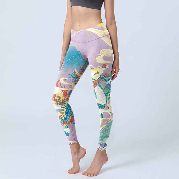 Leggings da palestra con stampa Buddha Stones Purple Dragon e nuvole di buon auspicio, pantaloni da yoga da donna - Prugna - US18, UK/AU22, EU50 (4XL) - image 1