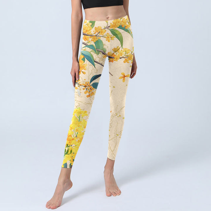 Leggings da palestra con stampa di colza e osmanto giallo Buddha Stones, pantaloni da yoga da donna - image 5