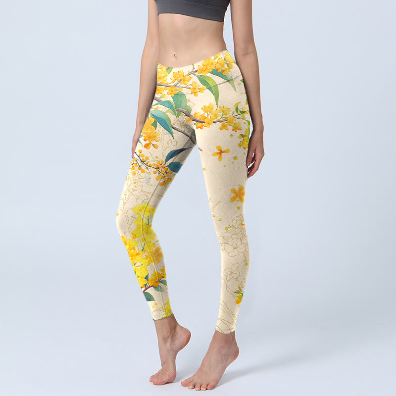 Leggings da palestra con stampa di colza e osmanto giallo Buddha Stones, pantaloni da yoga da donna - LemonChiffon - US18, UK/AU22, EU50 (4XL) - image 1