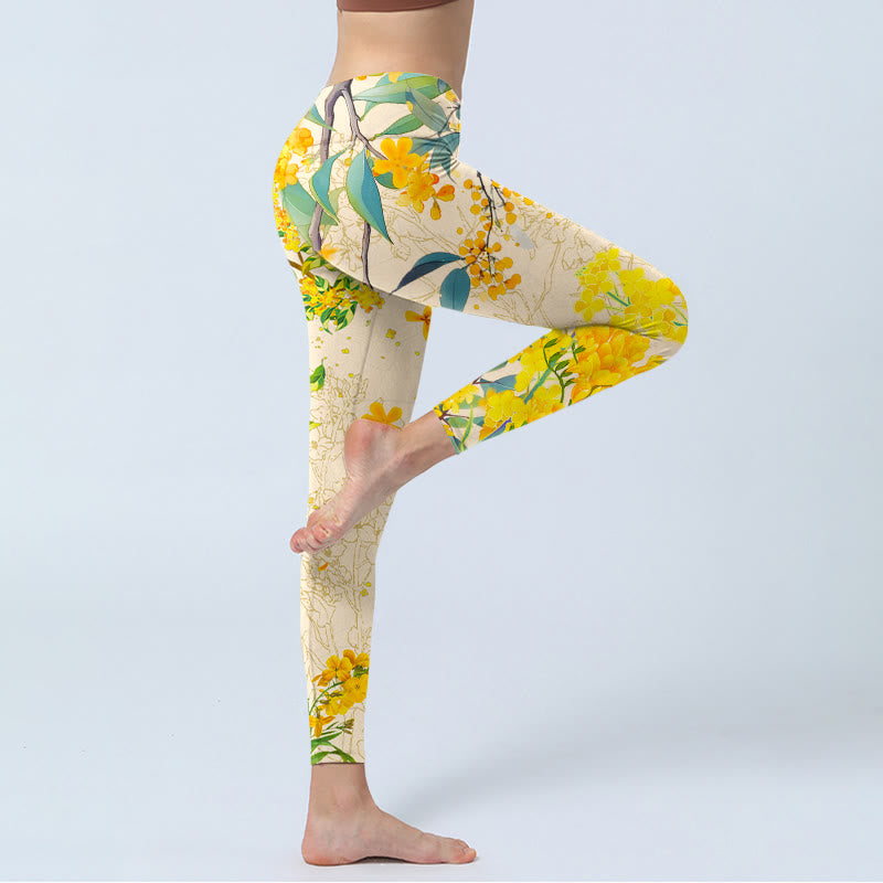 Leggings da palestra con stampa di colza e osmanto giallo Buddha Stones, pantaloni da yoga da donna - image 3