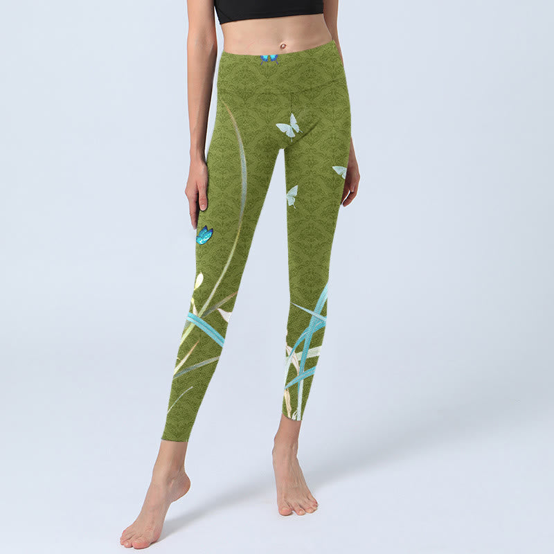 Leggings da palestra con stampa di fiori di orchidea e Buddha Stones verdi, pantaloni da yoga da donna - image 6