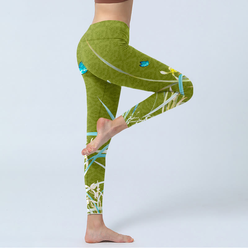 Leggings da palestra con stampa di fiori di orchidea e Buddha Stones verdi, pantaloni da yoga da donna - image 4