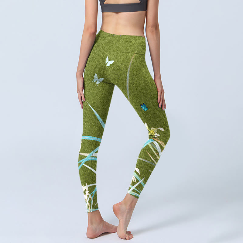 Leggings da palestra con stampa di fiori di orchidea e Buddha Stones verdi, pantaloni da yoga da donna - image 5