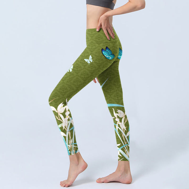Leggings da palestra con stampa di fiori di orchidea e Buddha Stones verdi, pantaloni da yoga da donna - image 3