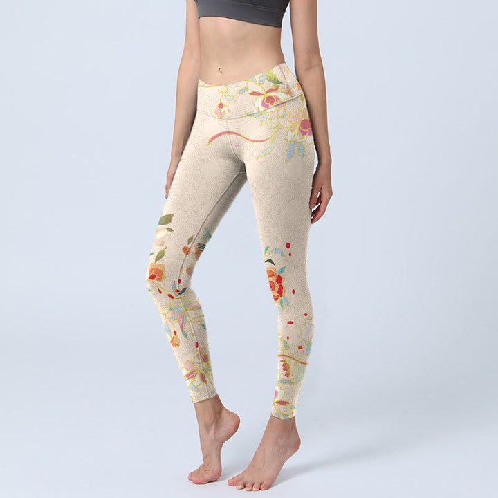 Leggings da palestra con stampa di foglie di peonia, farfalle e Buddha Stones , pantaloni da yoga da donna - FlorealeBianco - US18, UK/AU22, EU50 (4XL) - image 0