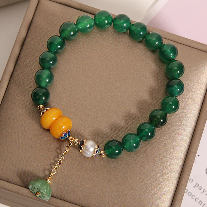 Braccialetto di supporto con baccello di loto in agata verde e perla Buddha Stones