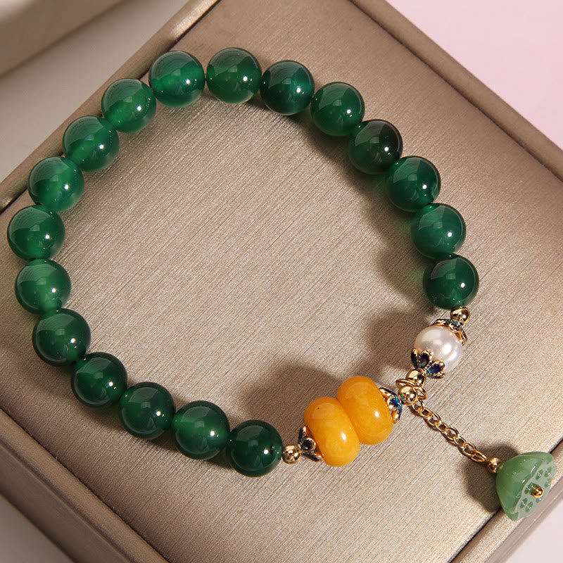 Braccialetto di supporto con baccello di loto in agata verde e perla Buddha Stones