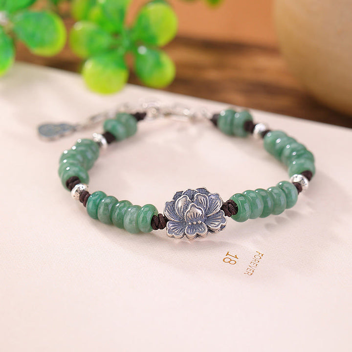 Bracciale Buddha Stones in argento sterling 925 con giada naturale, loto, fortuna, pace e gioia