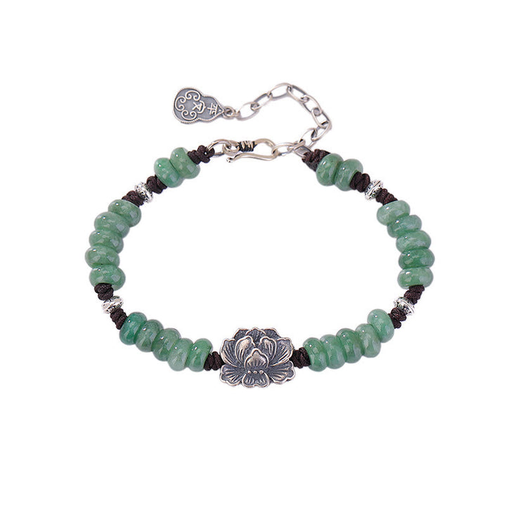 Bracciale Buddha Stones in argento sterling 925 con giada naturale, loto, fortuna, pace e gioia