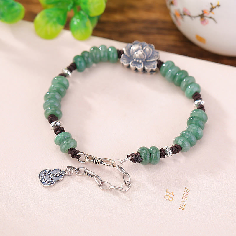 Bracciale Buddha Stones in argento sterling 925 con giada naturale, loto, fortuna, pace e gioia