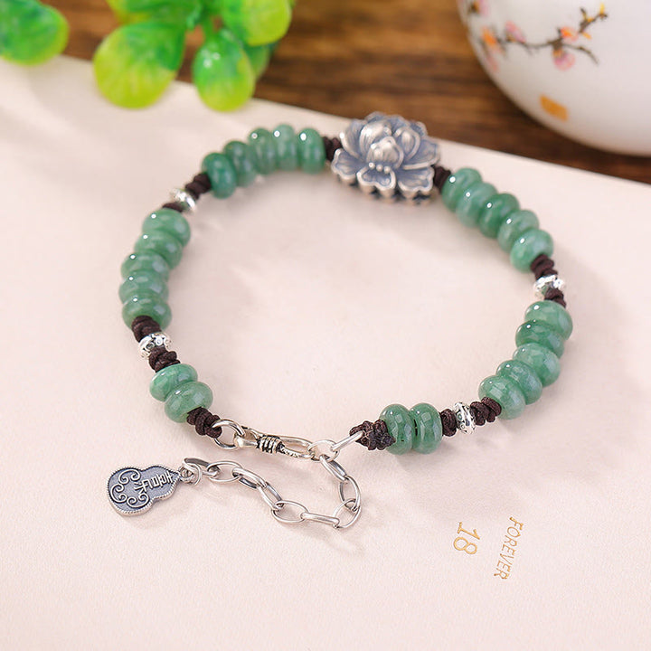 Bracciale Buddha Stones in argento sterling 925 con giada naturale, loto, fortuna, pace e gioia